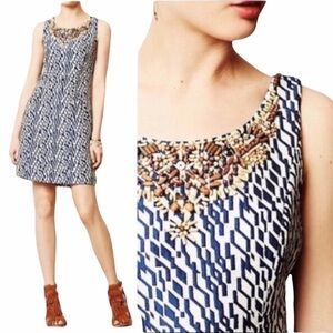 Anthropologie Blue and White Beaded-Neck Shift Dress
